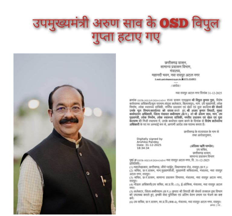 उपमुख्यमंत्री अरुण साव के OSD विपुल गुप्ता हटाए गए, कबीरधाम CEO अजय त्रिपाठी को नई जिम्मेदारी